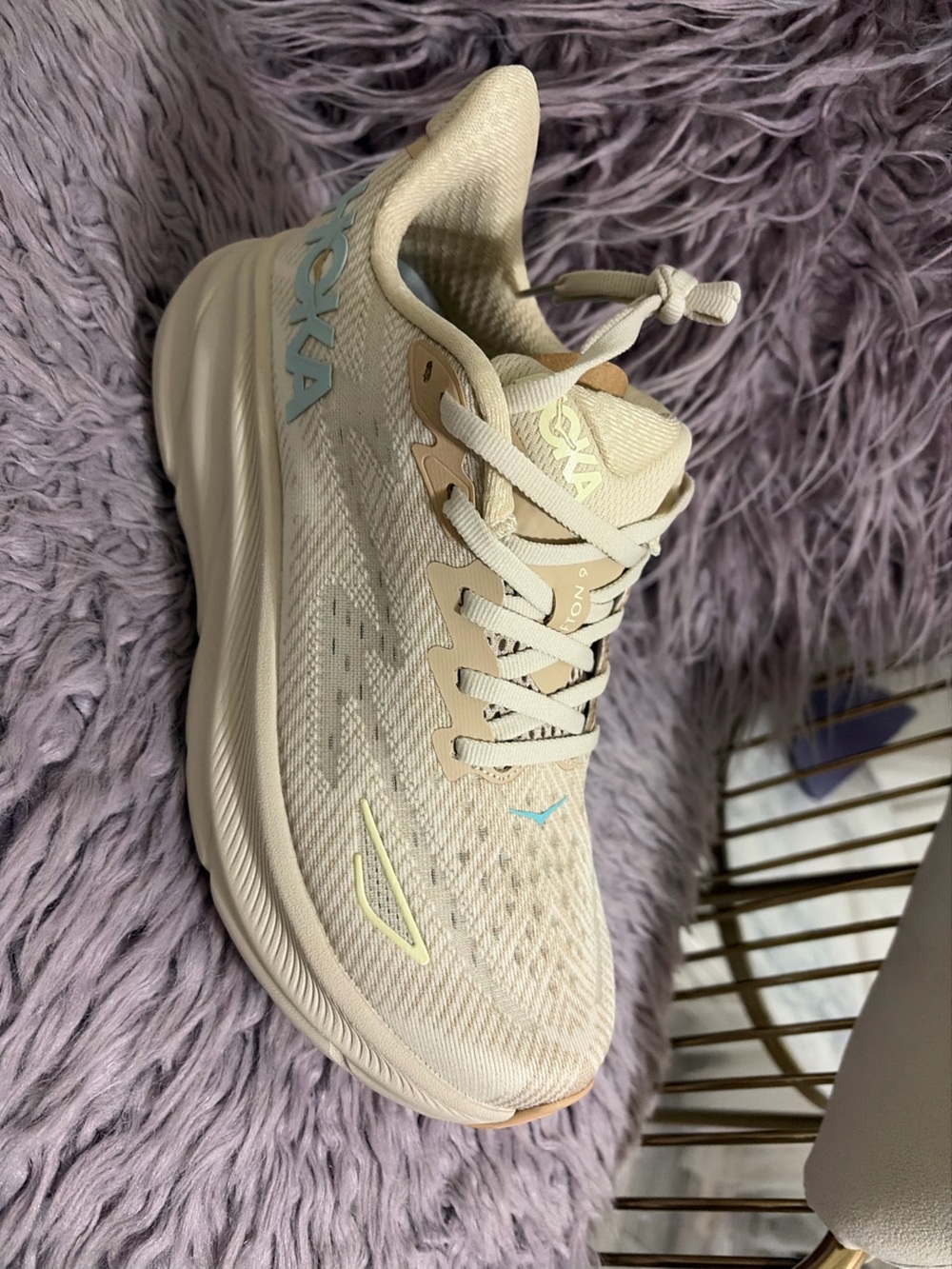 Hoka Women's Athletic Shoe in Cream with Light Blue & Pale Yellow Accents